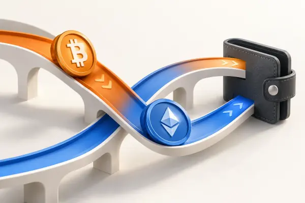 Two coins on intersecting exchange tracks leading to a wallet.