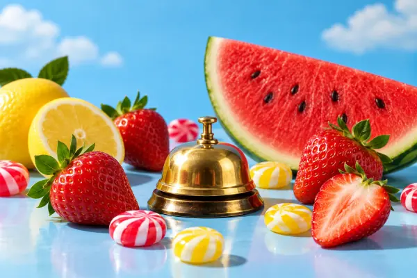 Fruit, striped candies and a small brass bell on a blue surface.