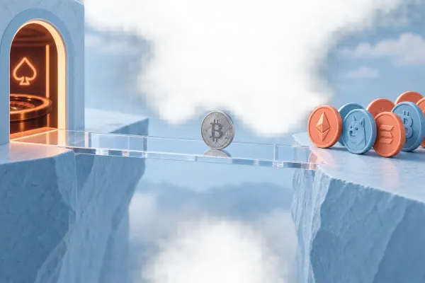 A single coin crossing a transparent bridge before a waiting group of coins.