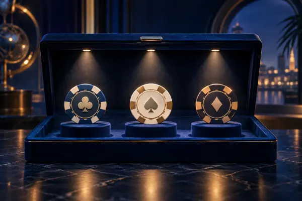 Three casino chips presented in an open display case under spotlights.