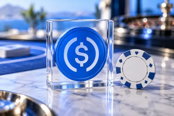 A blue dollar-symbol coin in an acrylic stand beside a white casino chip.