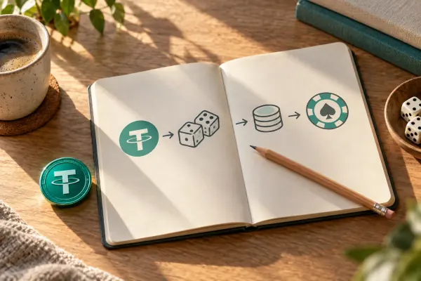 A workbook, pencil and teal coin in morning light.