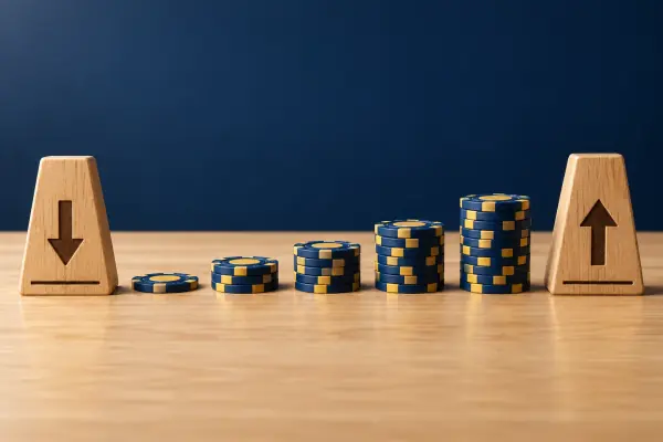 Wooden markers framing a range of casino-chip amounts.