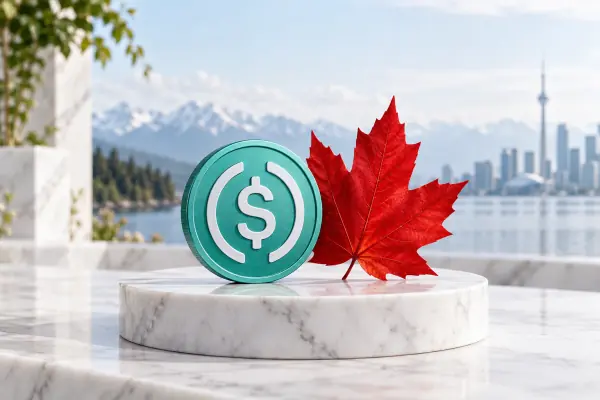 A teal dollar-symbol coin and red maple leaf on white marble.