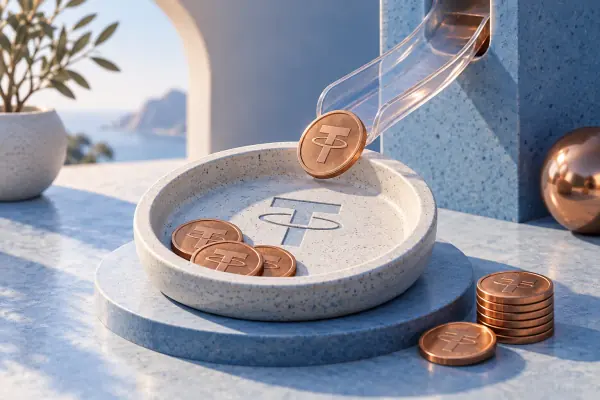 A copper coin returning through a clear chute into a ceramic dish.