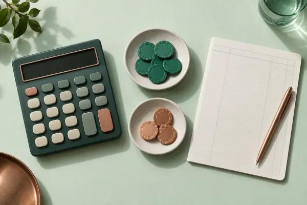 A calculator and two token dishes beside a ledger for comparing rewards.