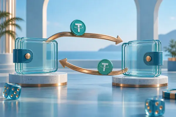 Two wallet trays connected by opposite-direction transfer tracks.