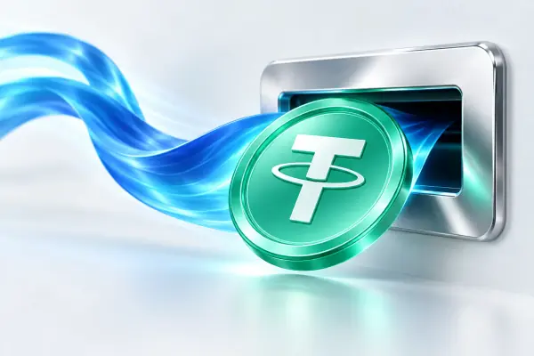 A token emerging from a chrome withdrawal slot with a blue ribbon.