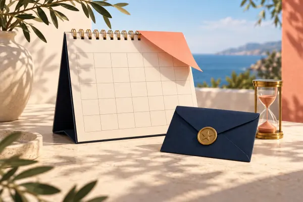 A blank calendar, voucher envelope and hourglass in warm daylight.