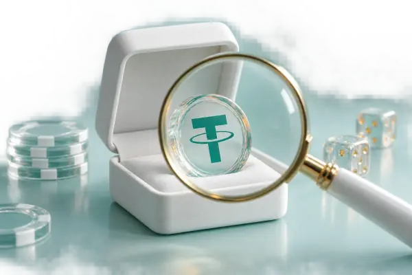 A promotional token in an open case examined with a magnifying glass.