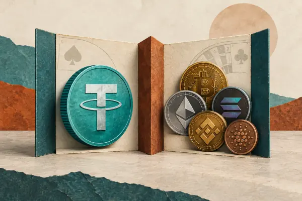 A single stablecoin compared with a varied group of cryptocurrency coins.