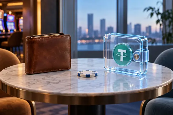 A leather card wallet compared with a transparent digital wallet sculpture.