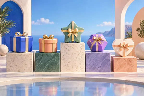 Five distinct bonus boxes arranged on separate display ledges.