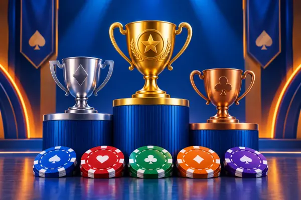 Three trophy cups on podiums above a row of colored casino chips.