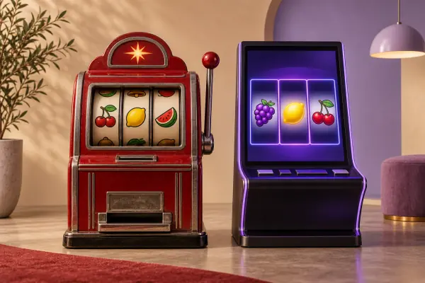 A mechanical slot cabinet beside a slim digital reel panel.
