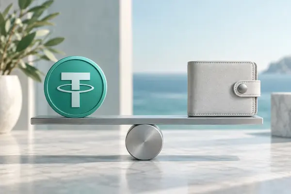 A stablecoin on a level balance beam beside a closed wallet.