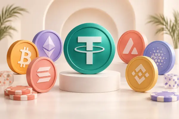 Varied tokens surrounding a larger teal coin on a white pedestal.